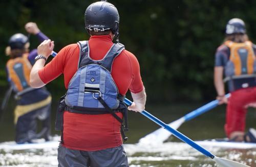 group of paddle boarders on a river