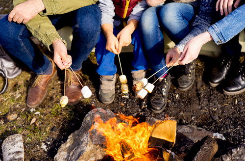 family toasting marshmallows over a campfire