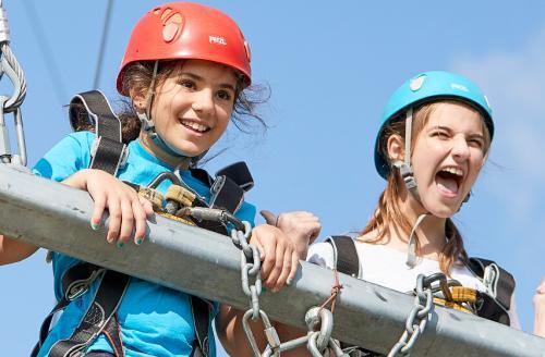 Two girls in helmets and harnesses on giant swing