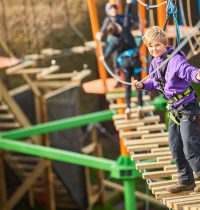 Young person in purple jumper making their way across the Harlow High Ropes Adventure course whilst looking into the camera.